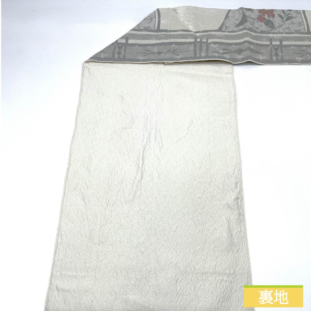 Nagoya obi, pearl color (shinjuiro), puffed weave, floral pattern, obi length 356cm, pure silk, S rank, six-pass, casual, silver, 1124007692322, Nagoya style