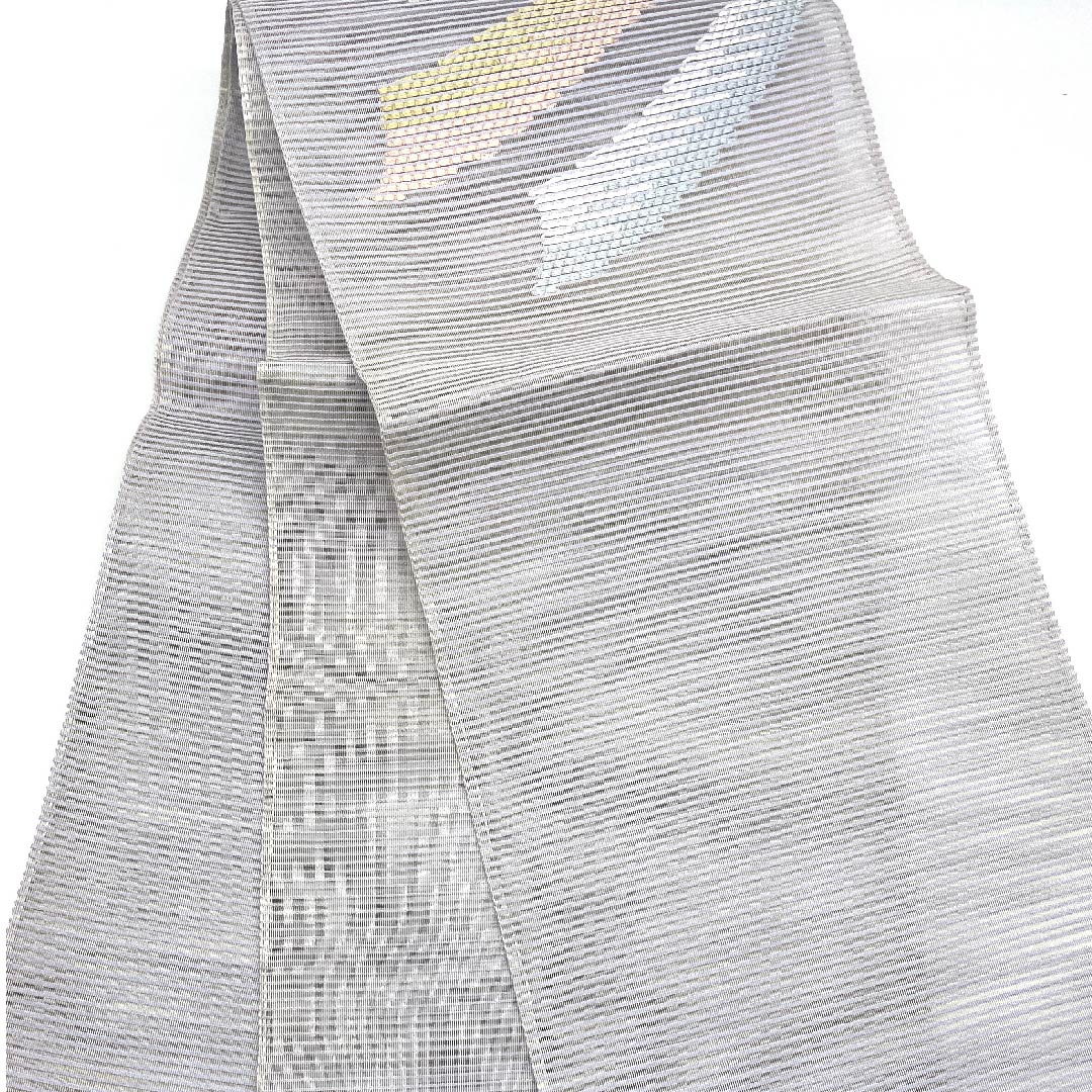 (新品未使用品)袋帯 夏帯 白銅色(はくどういろ) 幾何学模様 夏物 帯丈452cm 正絹 NEWランク ポイント柄 セミフォーマル グレー系 1123008491422