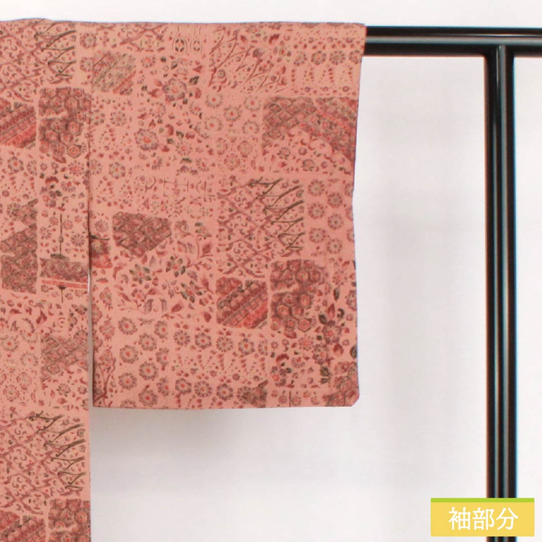 小紋 正絹 Sランク 身丈153.5cm 裄丈63.5cm 袷 緋褪色(ひさめいろ) 更紗 朱系 1115007532216