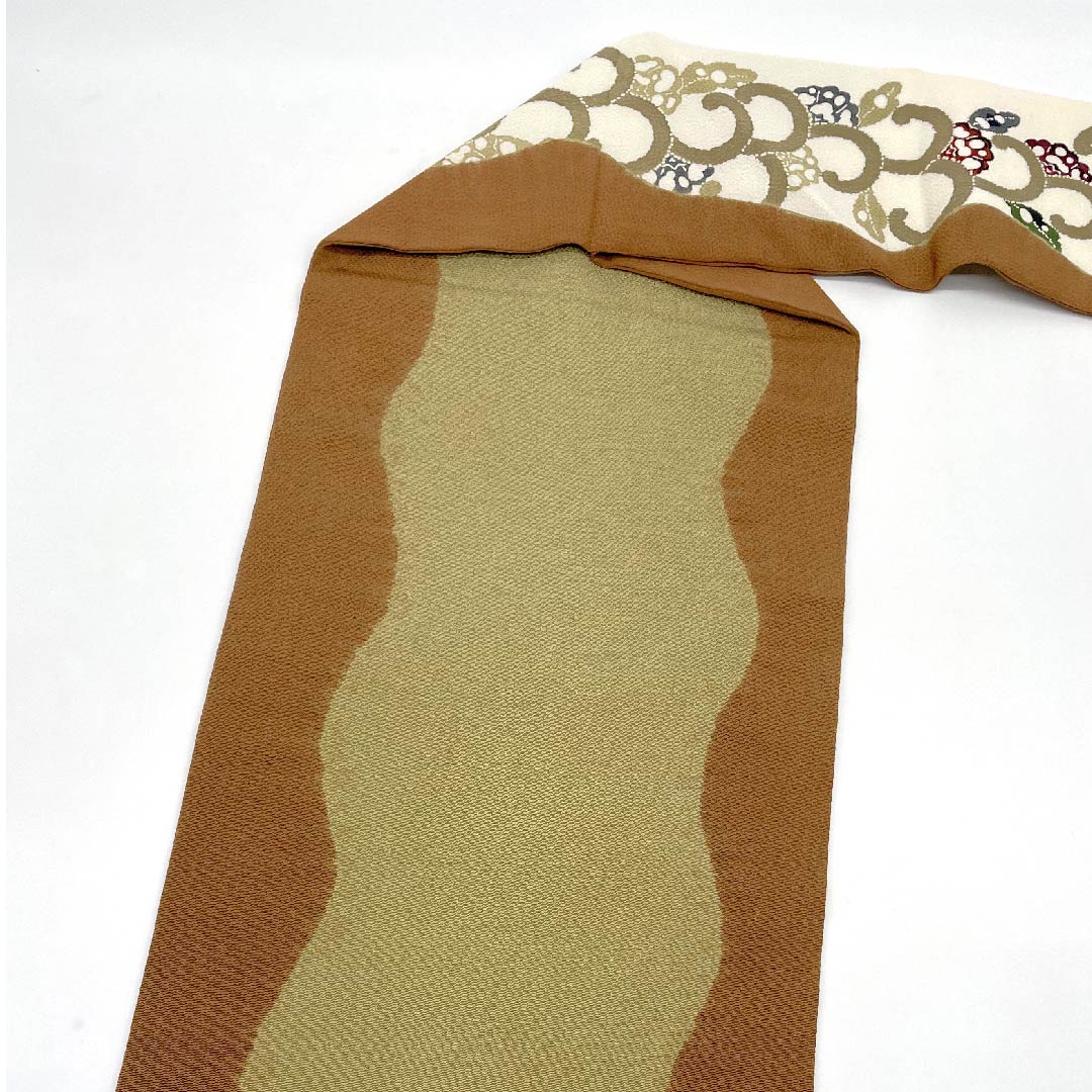 Nagoya obi, lotus leaf dyeing, Kyoto Bingata, Kuriyama Kobo, plant pattern, obi length 355cm, pure silk, S rank, point pattern, casual, brown, 1124005242314, Nagoya tailoring