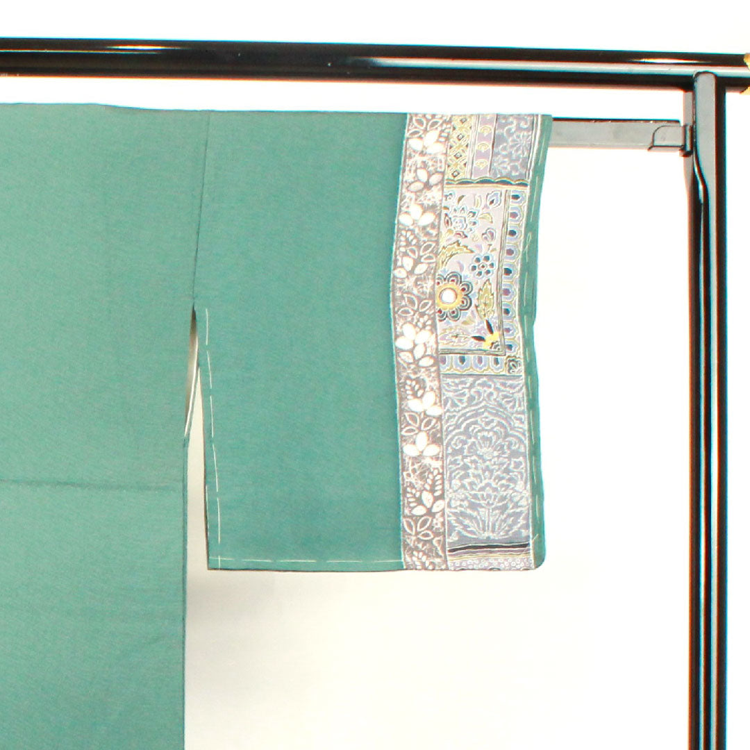 Homongi, lined, length 156.5cm, sleeve length 65cm, unused, Fukagawa Onado color, chintz pattern, with basting thread, pure silk, S rank, green, 1112002102319