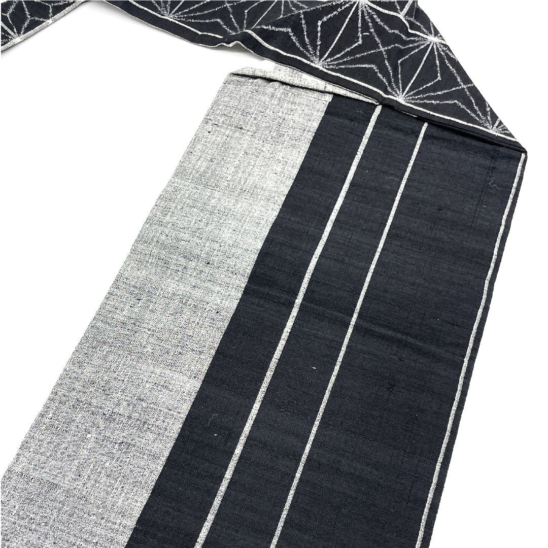 名古屋帯 麻の葉 市松 紬地 本真綿帯丈355cm 正絹 Aランク 六通 カジュアル 黒系 1124001553310 名古屋仕立て