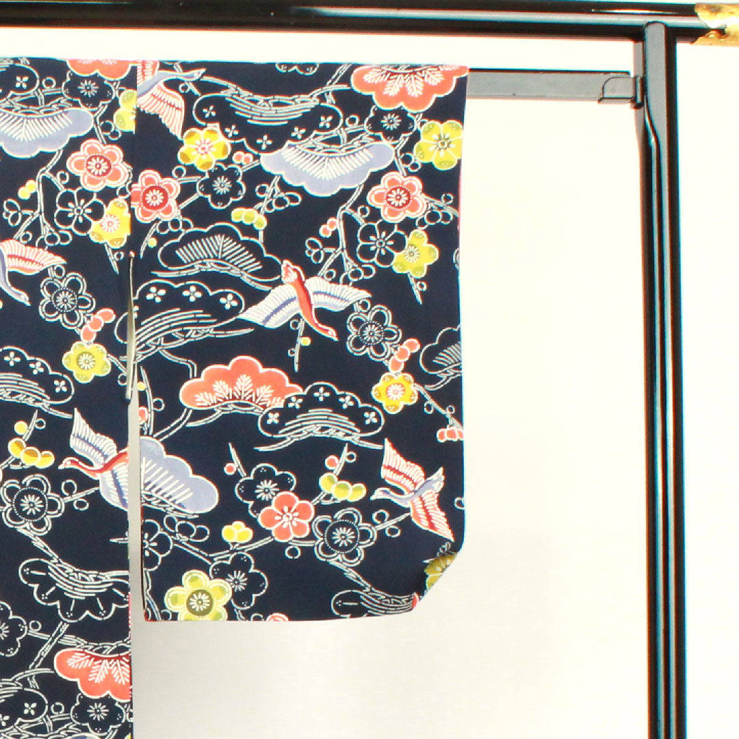 小紋 身丈158cm 裄丈63.5cm 袷 濃紺色 京紅型 松 梅 正絹 Aランク 紺系 1115003433318