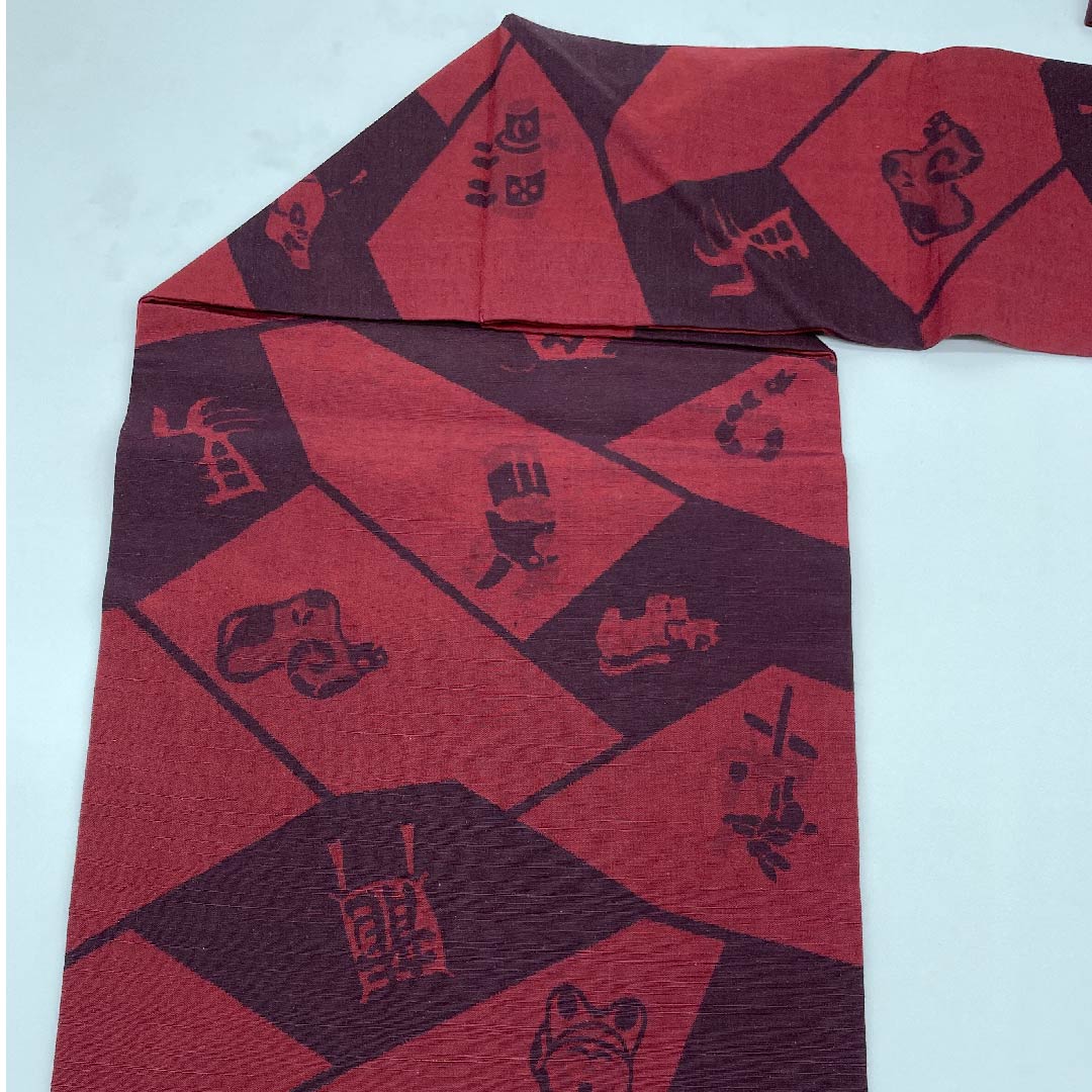 名古屋帯 深緋色 勇屋織物 干支 帯丈414cm 正絹 Sランク 全通 カジュアル 朱系 1124004652316 名古屋仕立て