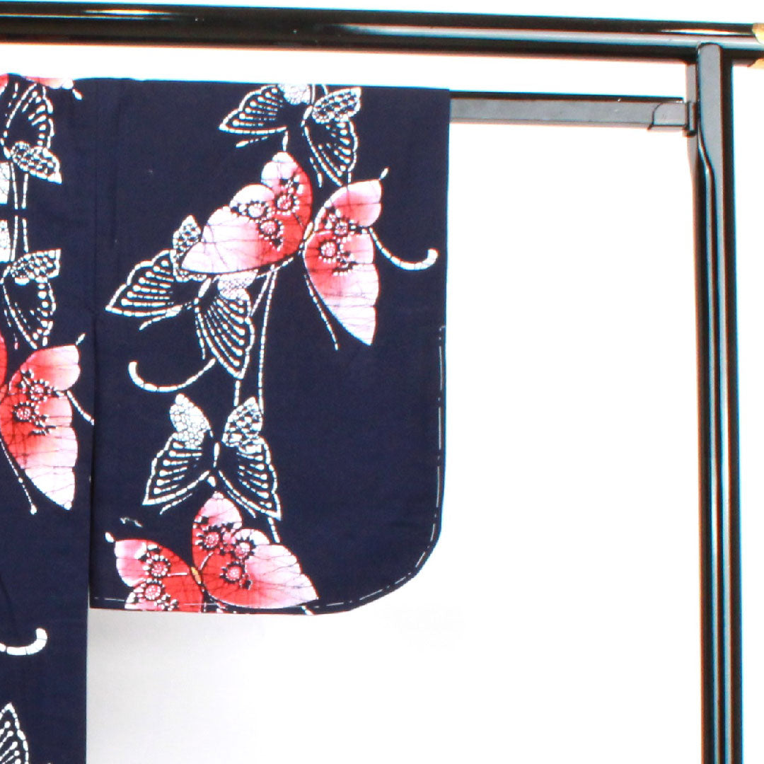 Yukata with basting thread, unused, dark navy blue, butterfly, cotton, S rank, single layer, length 160cm, sleeve length 62cm, navy blue, 1118002922418