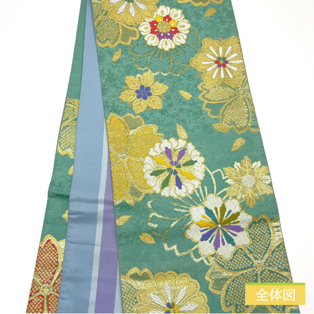Nishijin-ori silk obi (sleeve sash), S-rank, in Hisokuiro (hidden color), with a floral pattern, reversible, suitable for furisode (long-sleeved kimono), length 462cm, six-fold, formal, green, product number 1123016322419