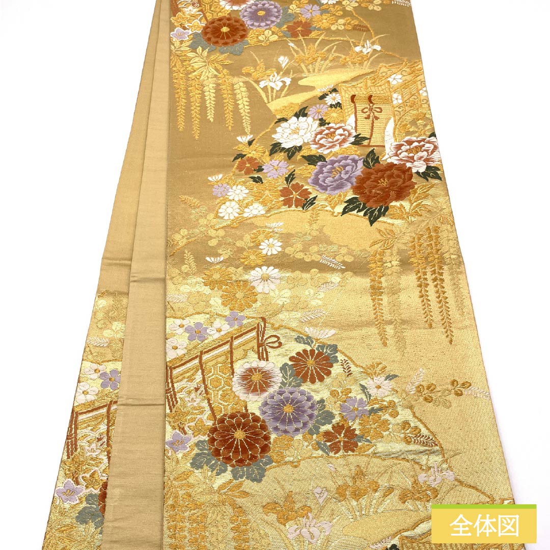 袋帯 正絹 留袖用 御所車 藤の花 牡丹 帯丈416cm Sランク 六通 フォーマル 金系 1123014512321
