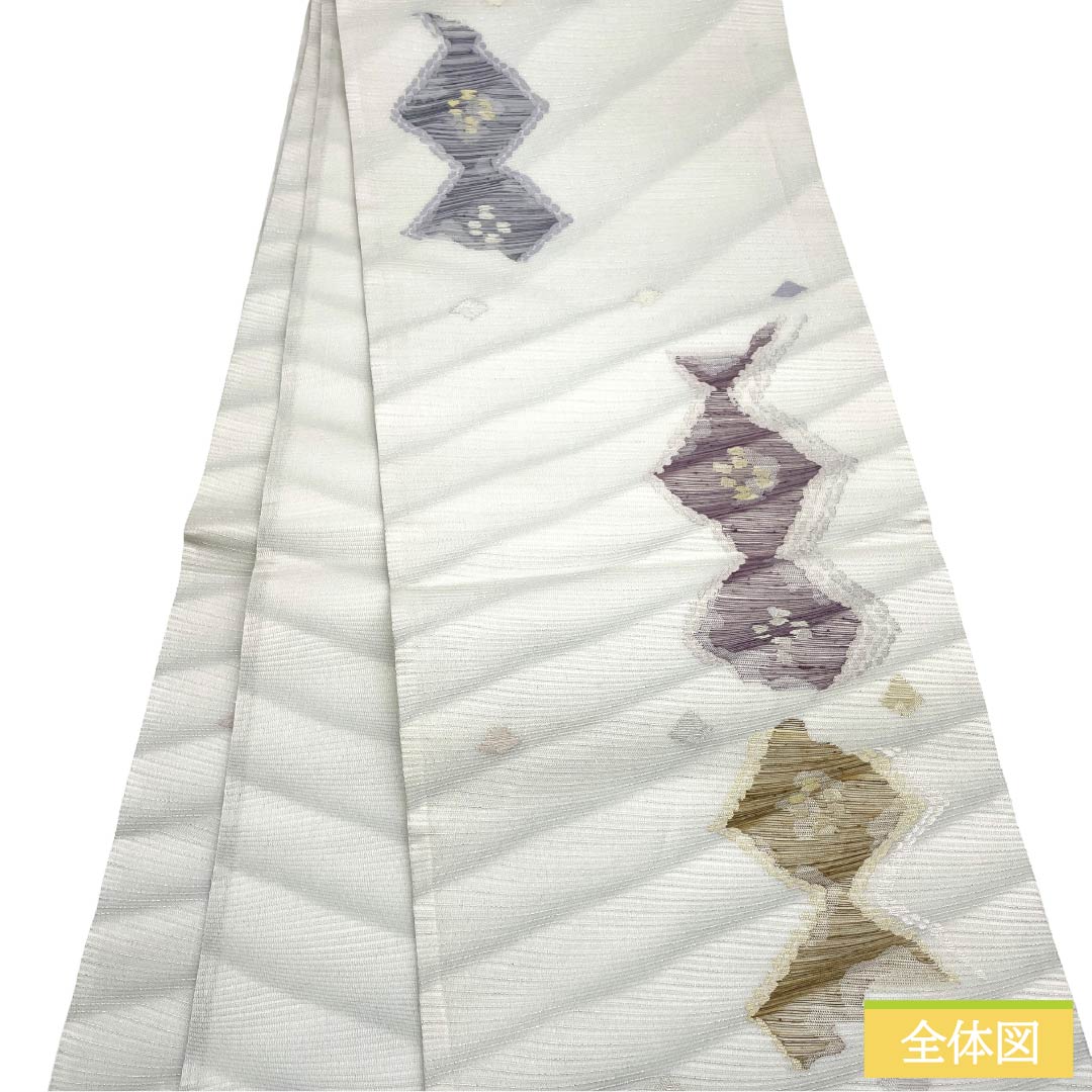 袋帯 ポリエステル Aランク 卯の花色(うのはないろ) 夏帯 幾何学模様 古典柄 帯丈441cm 六通 セミフォーマル 白系 1123017463311