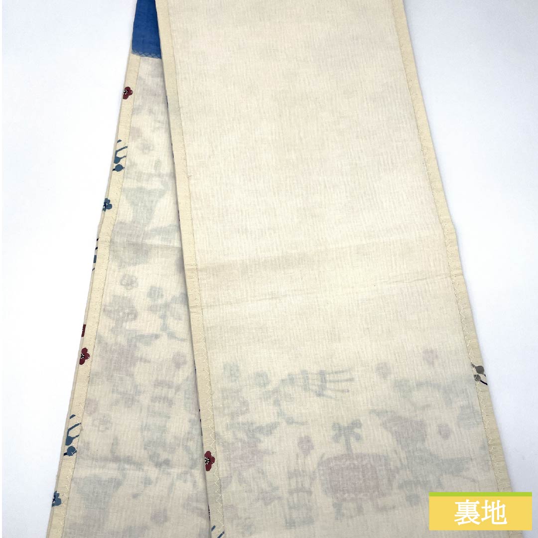 名古屋帯 正絹 Bランク 生成り色(きなりいろ) 型染 紅型調 演舞 帯丈366cm 六通 カジュアル クリーム系 1124010534315 開き仕立て