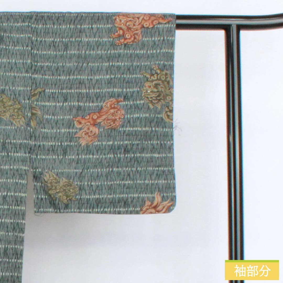 Men's wool nagajuban (long under-kimono), Grade A, length 147cm, sleeve length 68cm, Omeshi-chairo (brown) fabric, lion design, single-layer, green-toned, 1140000653419