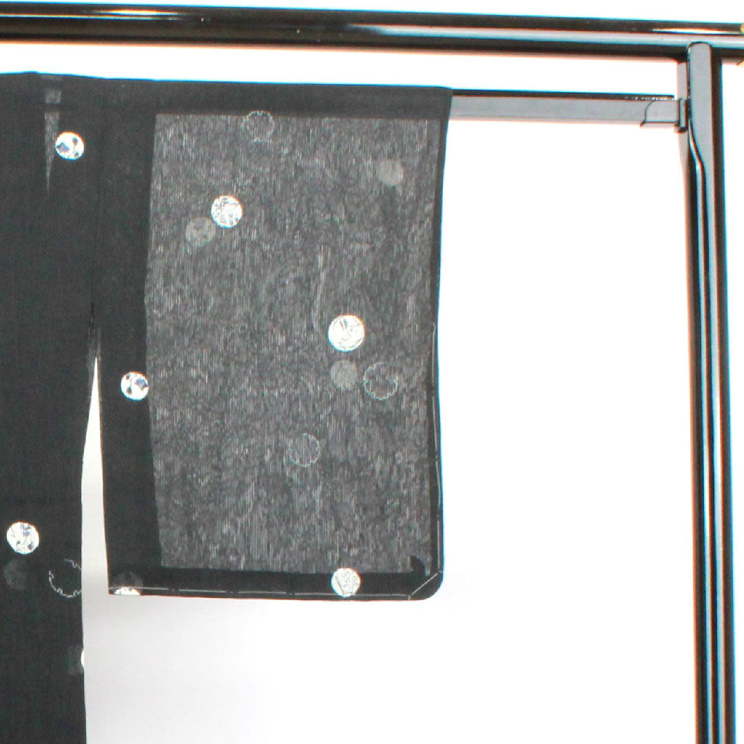 夏物 ポリエステル 小紋 身丈153.5cm 裄丈62.5cm 洗える着物 竪絽(たてろ) 雪輪 草花模様 絽 Sランク 黒系 1132000432210