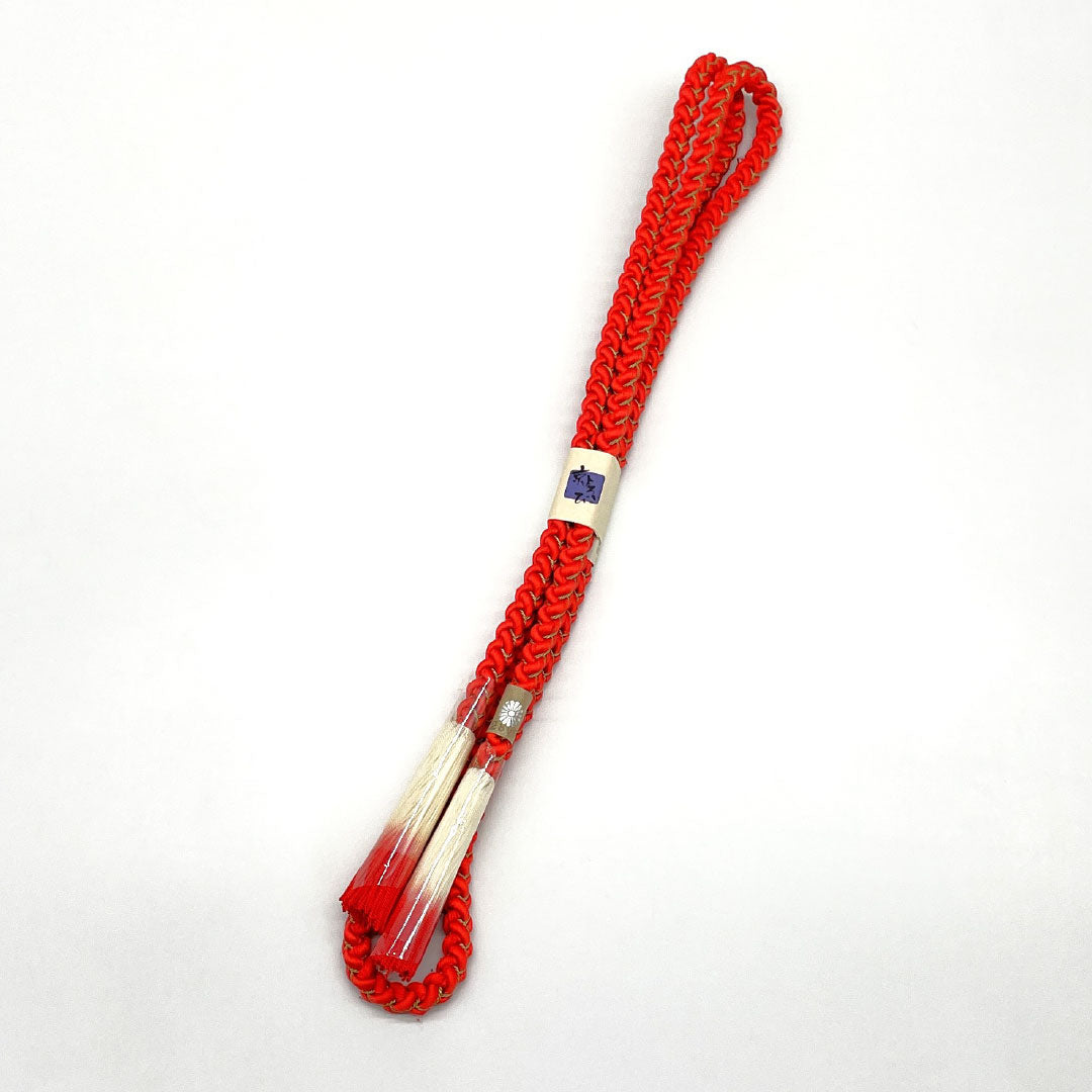 (New Old Stock) Obi-jime and Obi-age Set, Pure Silk, New Rank, Scarlet, Round Braid, Twisted Fringes, Shibori, Length approx. 160cm, Width approx. 1cm, Semi-formal, Vermilion Family, 1141000531316
