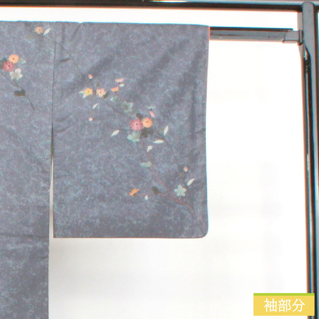 訪問着 正絹 袷 身丈161cm 裄丈63cm 灰青色 大島紬 草花模様 作家物 Aランク グレー系 1112004013422