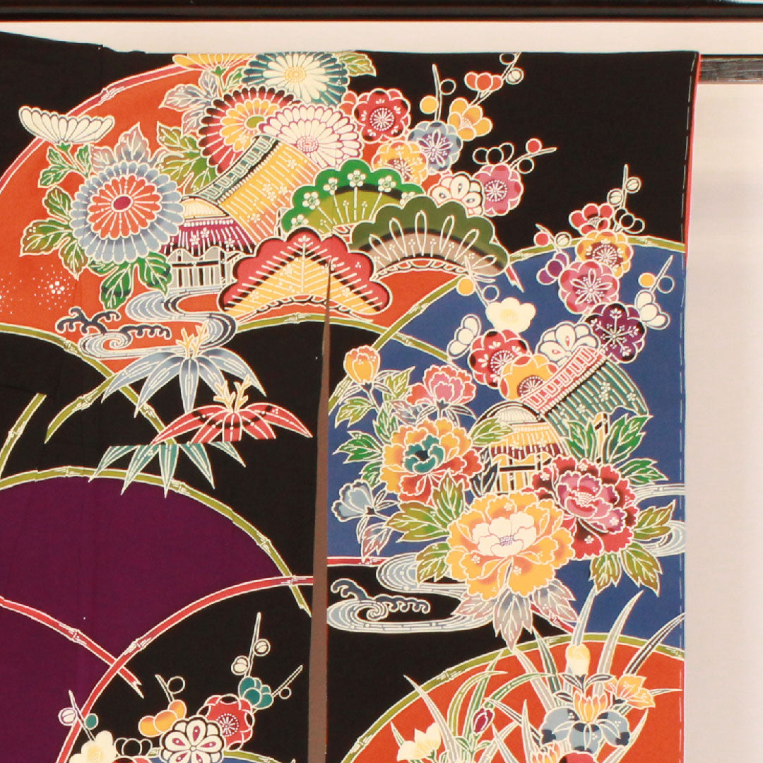 振袖 身丈160cm 裄丈68cm 袷 京紅型 松竹梅 正絹 Aランク 黒系 1113000363410