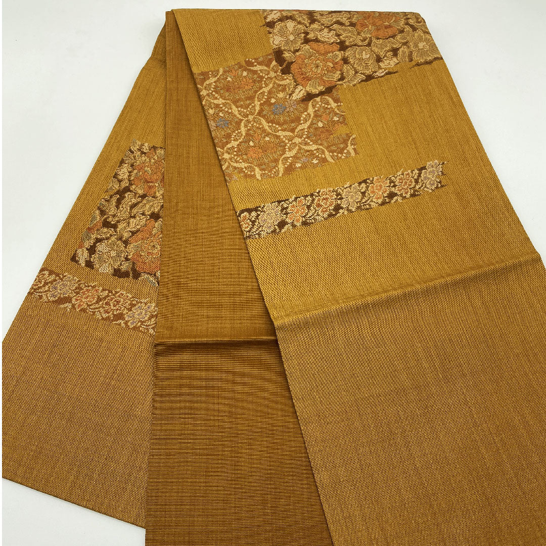袋帯 香染色(こうぞめいろ) 花模様 帯丈420cm 正絹 Sランク ポイント柄 カジュアル 茶系 1123005152314