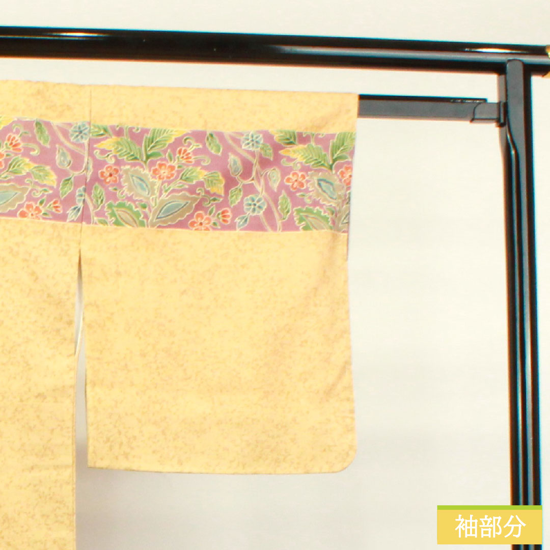 訪問着 正絹 袷 身丈158cm 裄丈65cm 胡桃色 紬地 更紗模様 しつけ糸付き Sランク 黄系 1112003322323