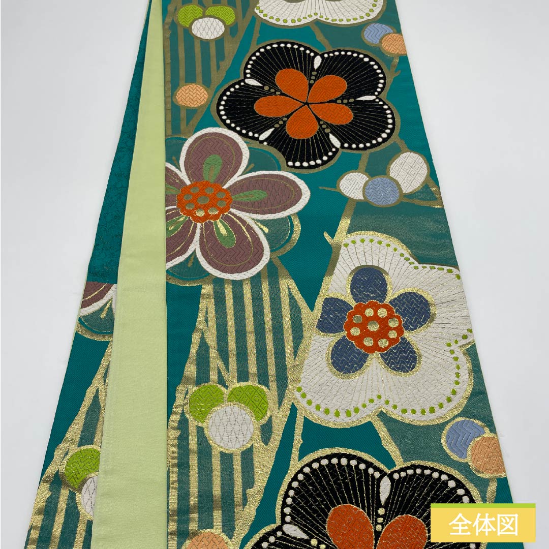 Fukuro Obi (Japanese traditional kimono sash) made of pure silk, emerald green, for long-sleeved kimono, plum blossom, obi length 432cm, A rank, six-way, formal, blue, 1123013713317