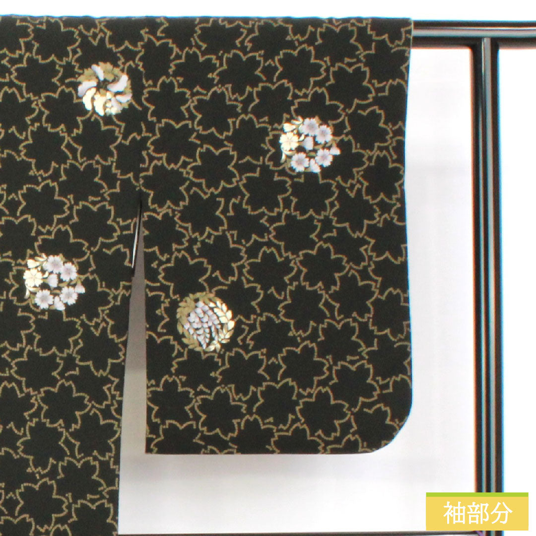 小紋 ポリエステル 身丈166.5cm 裄丈67cm 袷 洗える着物 桜 花模様 Sランク 黒系 1115004952510