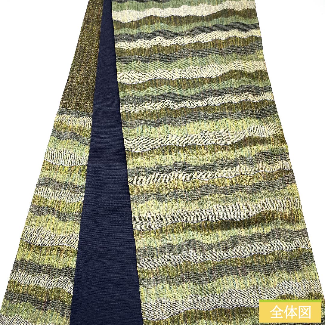 袋帯 青丹色(あおにいろ) 横段 草木染 帯丈434cm 正絹 Sランク 六通 セミフォーマル 緑系 1123010702319