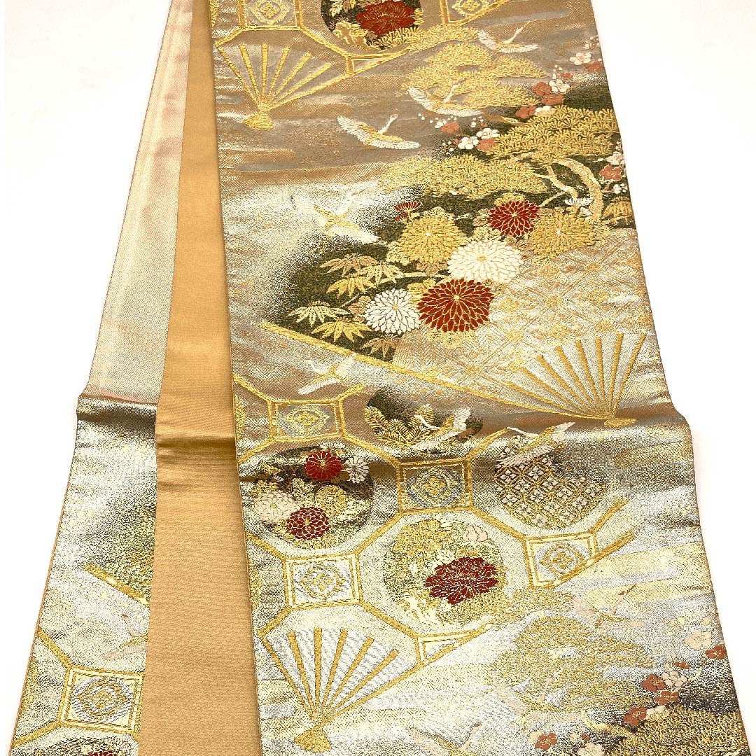 袋帯 金色 扇面 松竹梅 鶴 蒔絵 帯丈434cm 正絹 Aランク 六通 フォーマル 金系 1123009103321