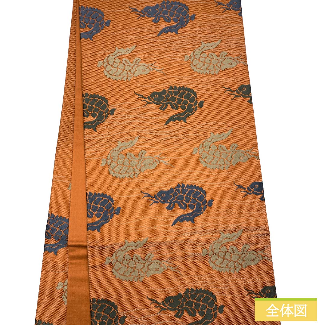 Pure silk obi in reddish-gold (beniukoniro) with a rough sea pattern, length 438cm, S rank, six-pass closure, semi-formal, orange, product number 1123015002326