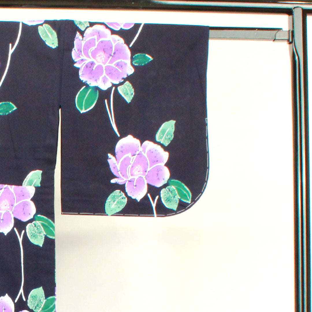 浴衣 濃紺色 山茶花 木綿 Aランク 単衣 身丈157.5cm 裄丈65.5cm 紺系 1118001953318