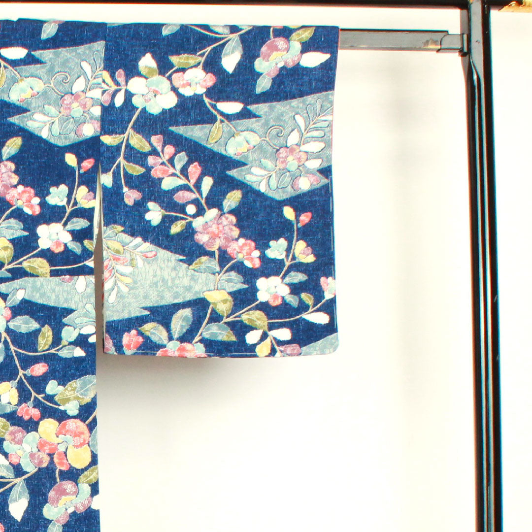 小紋 身丈158cm 裄丈64cm 袷 紺桔梗色 草花模様 正絹 Sランク 紺系 1115002512318