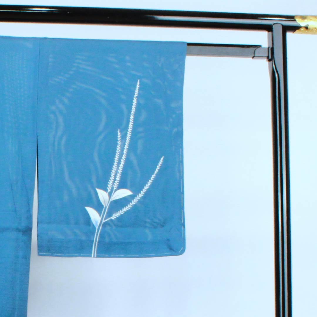 夏物 正絹 訪問着 身丈154.5cm 裄丈63.5cm 中縹色(なかのはなだいろ) 葉模様 しつけ付き 未使用品 絽 Aランク 青系 1132000353217