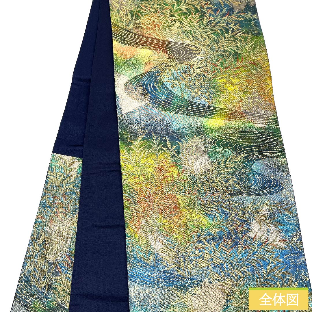 袋帯 常盤色(ときわいろ) 流水 葉模様 帯丈420cm 正絹 Sランク 六通 フォーマル グラデーション系 1123009992399