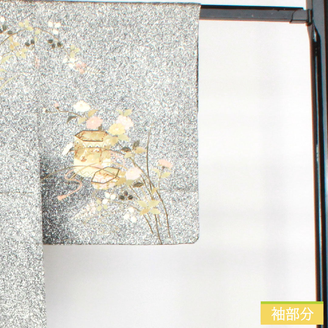 訪問着 正絹 袷 身丈155cm 裄丈62.5cm 京友禅 タタキ染 草花模様 Sランク モノトーン 1112004412327