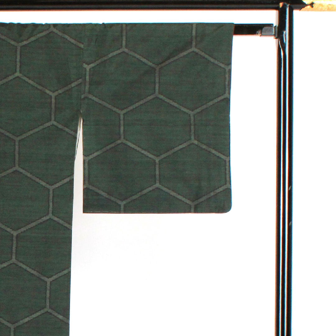 大島紬 身丈166cm 裄丈67cm 緯総絣 亀甲 正絹 Bランク 袷 緑系 1116001554519