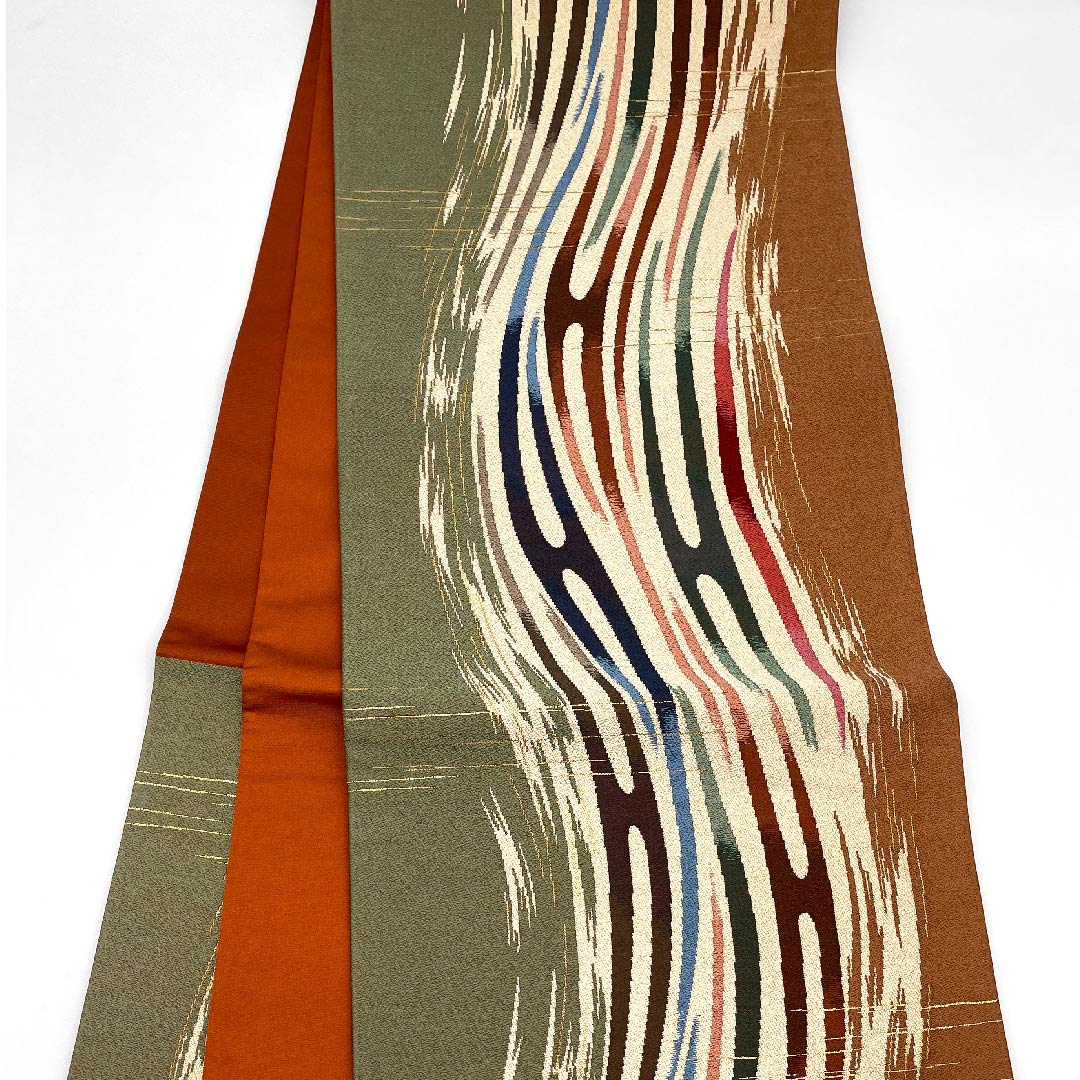 袋帯 灰緑色(はいみどりいろ) 白綾苑大庭 幾何学模様 帯丈430cm 正絹 Aランク 六通 カジュアル グラデーション系 1123009393399