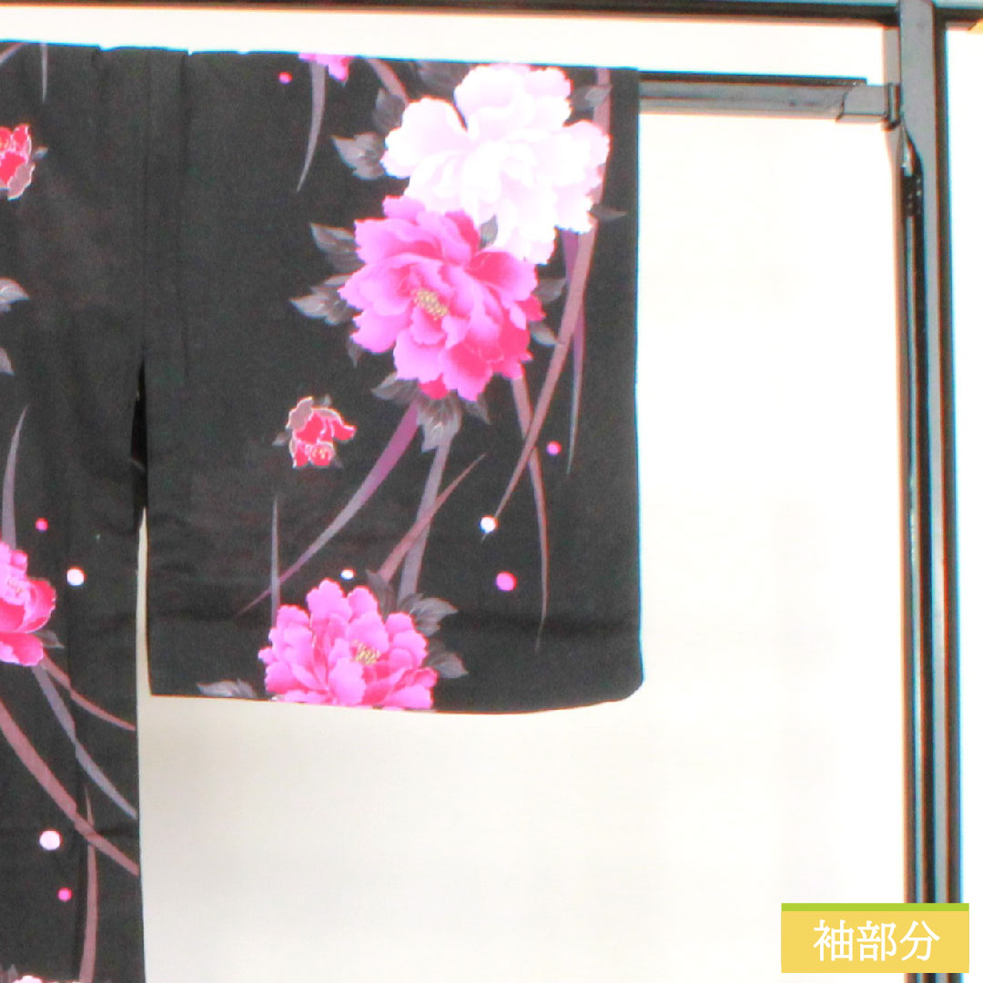 浴衣 木綿 身丈159.5cm 裄丈67cm Sランク 単衣 黒系 牡丹 1118005212310