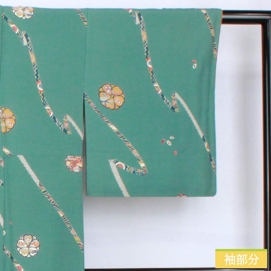 小紋 正絹 身丈152.5cm 裄丈64.5cm 袷 山藍摺色(やまあいずりいろ) 型染 熨斗 花柄 スコッチガード Bランク 緑系 1115005484219