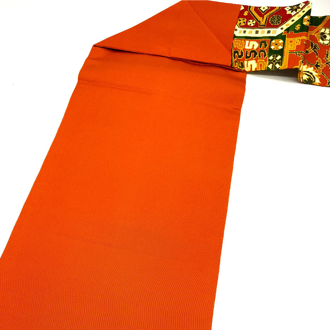 名古屋帯 塩瀬 唐花模様 染帯 帯丈378cm 正絹 Bランク 六通 カジュアル 朱系 1124001834316 名古屋仕立て