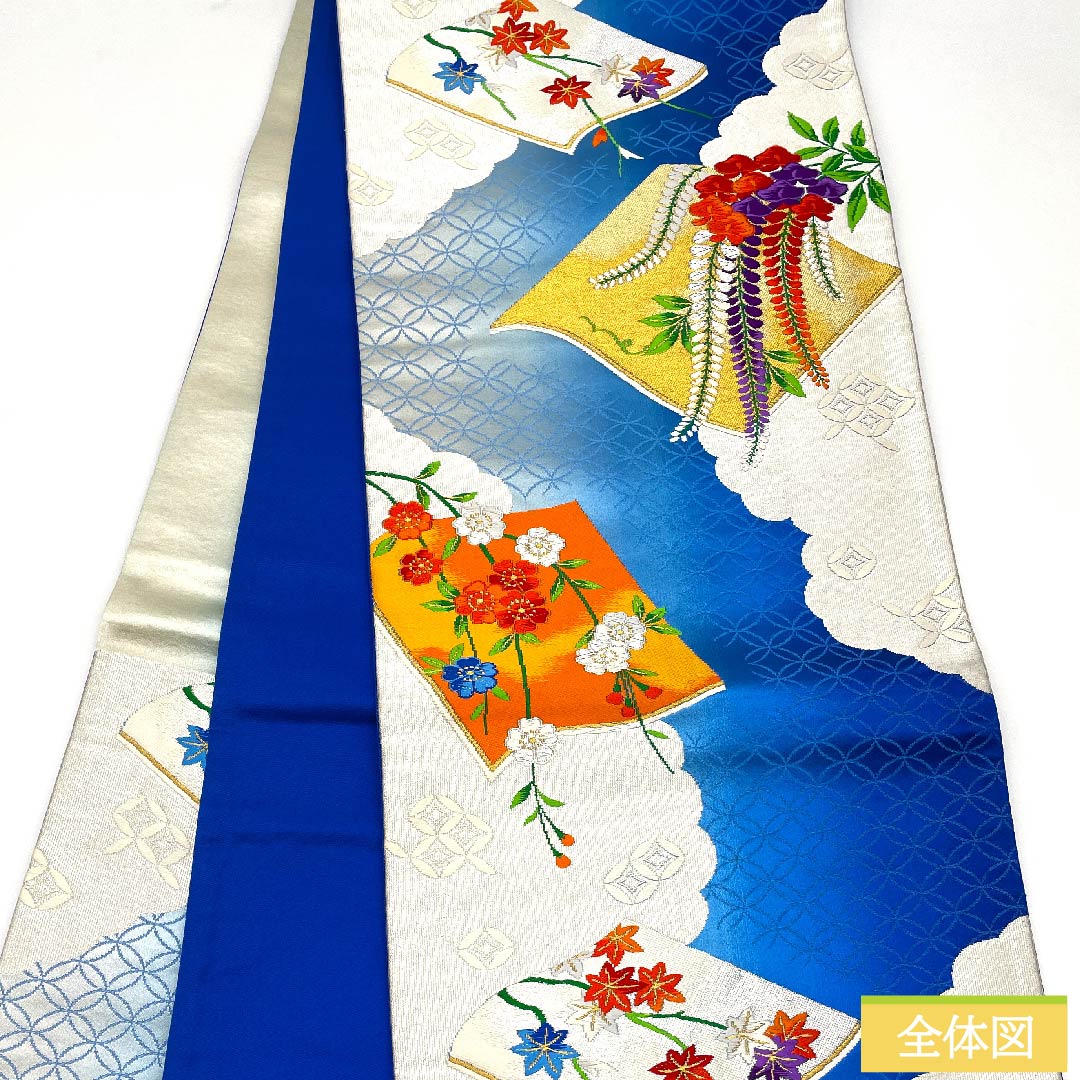 袋帯 瑠璃色(るりいろ) 七宝 藤の花 桜 帯丈420cm 正絹 Aランク 六通 フォーマル 青系 1123010073317