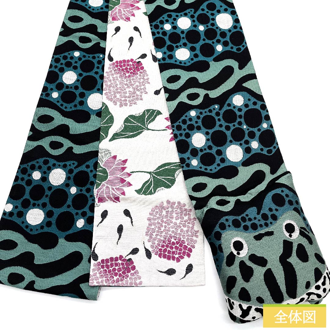 半幅帯 高麗納戸色(こうらいなんどいろ) 動物柄 かえる おたまじゃくし リバーシブル 長尺 帯丈445cm 正絹 緑系 NEWランク 1125000711919