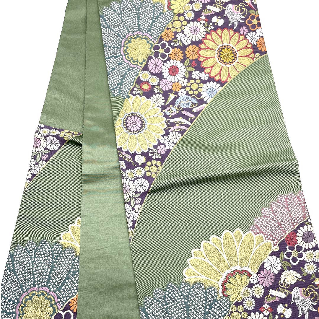 袋帯 山葵色(わさびいろ) 宝尽くし 花柄 高島織物 帯丈435cm 正絹 Sランク 六通 セミフォーマル 緑系 1123007162319