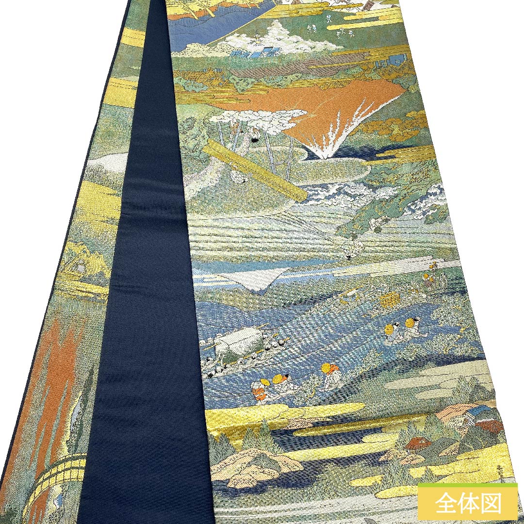 袋帯 正絹 玉虫色 留袖用 時代人物風景模様 帯丈437cm Sランク 全通 フォーマル 緑系 1123010922319