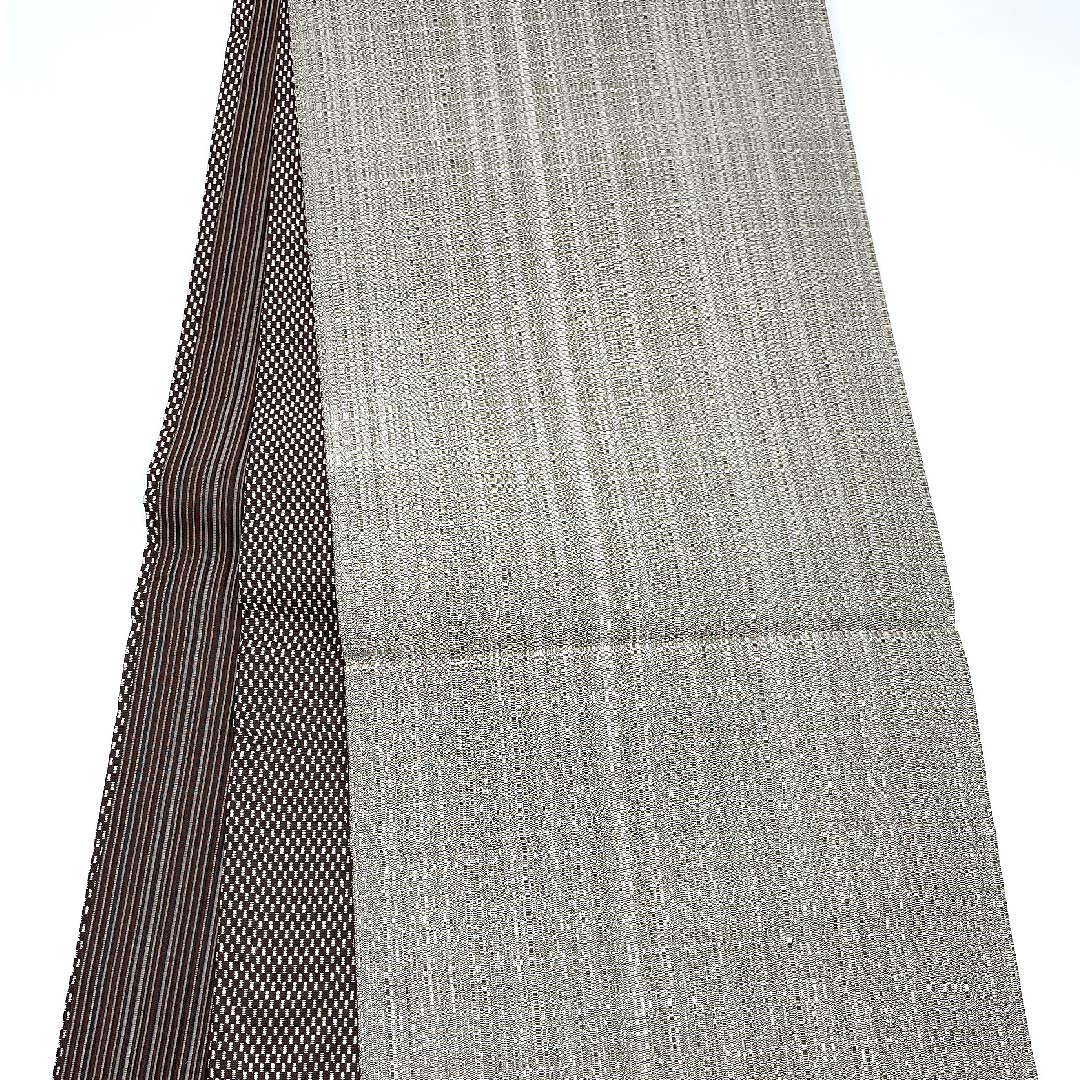 袋帯 鉄黒色(てつぐろいろ) 幾何学模様 チェック 帯丈439.5cm 正絹 Sランク ポイント柄 カジュアル 茶系 1123009292314