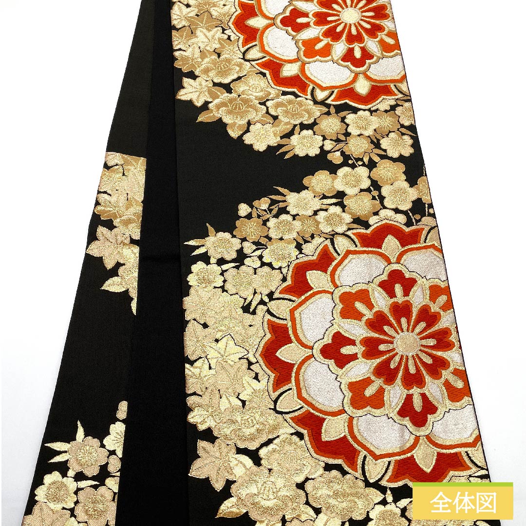袋帯 正絹 黒色(くろいろ) 華文 桜 梅 紅葉 帯丈416cm Sランク 六通 フォーマル 黒系 1123011752310