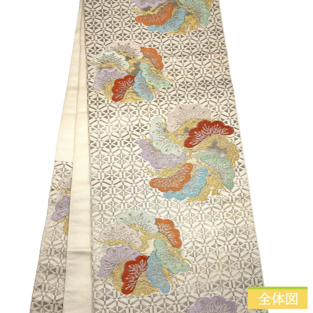 袋帯 正絹 Sランク 生成り色(きなりいろ) 西陣織 松重丸文錦 別織 帯丈422cm 六通 フォーマル 白系 1123017842311