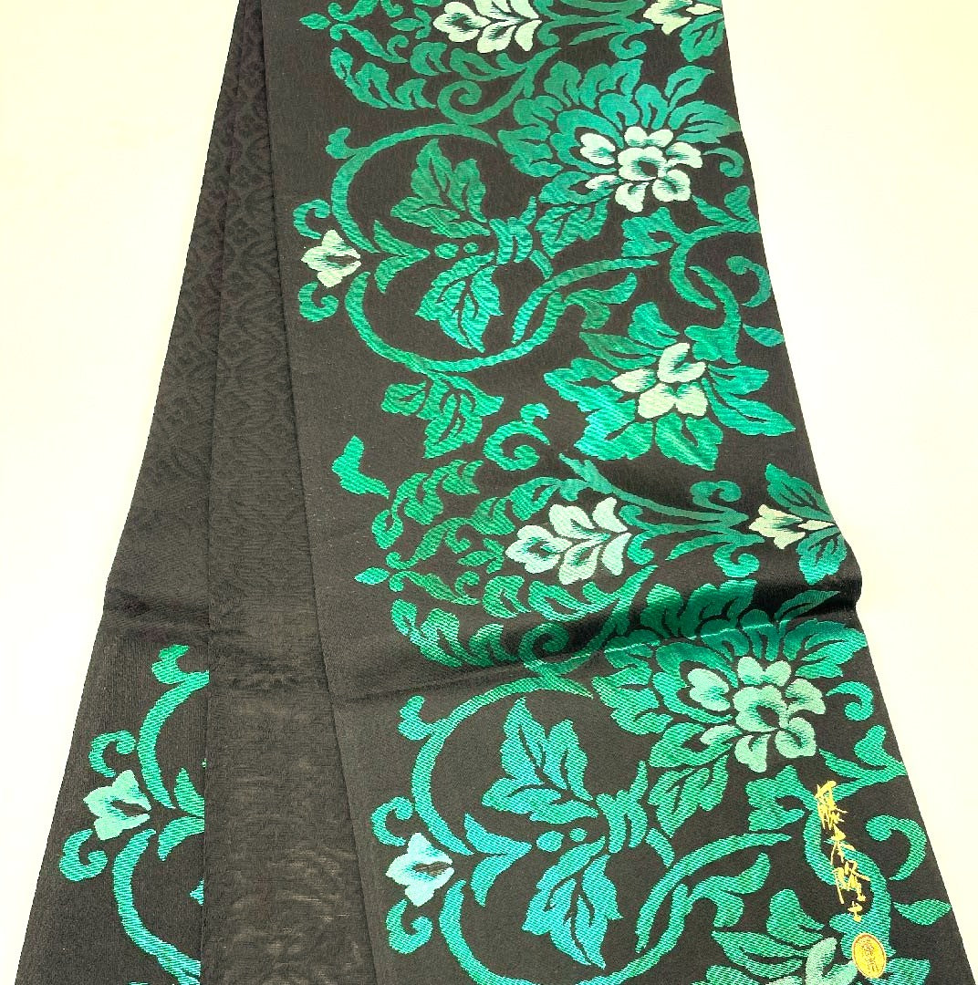 (未仕立)袋帯 黒色 花唐草 藤本隆士 螺鈿作家 帯丈466cm 正絹 NEWランク 六通 フォーマル 黒系 1123009051410