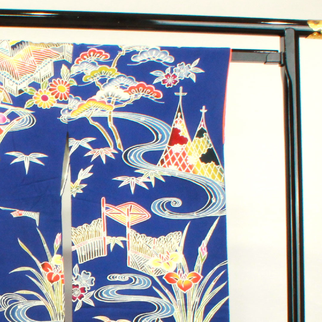 振袖 身丈167.5cm 裄丈68cm 袷 瑠璃色 京紅型 吉祥文様 正絹 Aランク 紺系 1113001773518