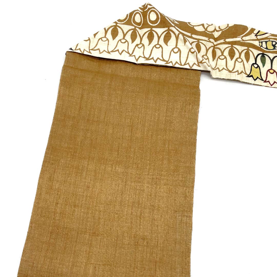 名古屋帯 幹色 京紅型 栗山工房 象 抽象花模様 帯丈376cm 麻 Sランク ポイント柄 カジュアル 茶系 1124005262314 名古屋仕立て