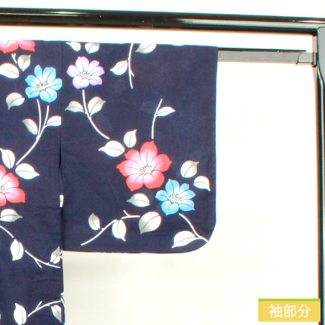 浴衣 木綿 身丈157cm 裄丈62.5cm Aランク 単衣 紺系 濃紺色(のうこんいろ) 椿 1118004593318