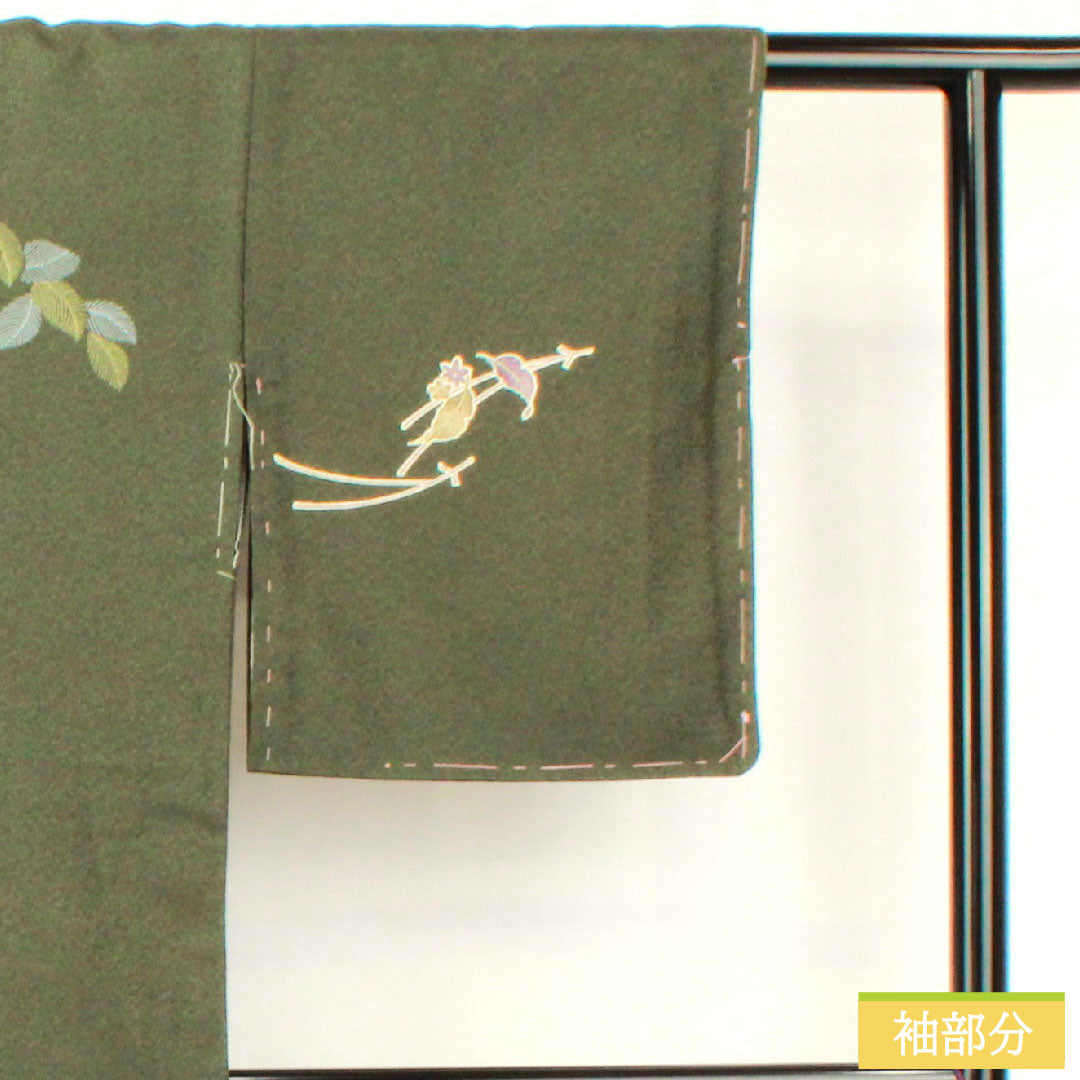 訪問着 ポリエステル 袷 身丈165cm 裄丈63cm 藍海松茶色(あいるみちゃいろ) 洗える着物 松葉 Aランク 緑系 1112005843519