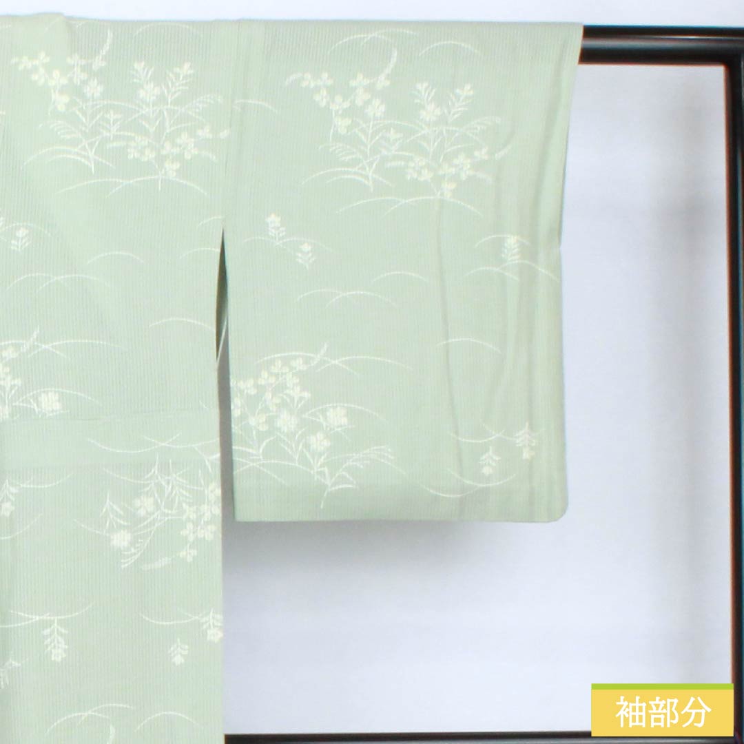 夏物 正絹 小紋 身丈153cm 裄丈62cm 白緑色(びゃくろくいろ) 京友禅 秋草 三松シルクケア 絽 Aランク 緑系 1132002093219