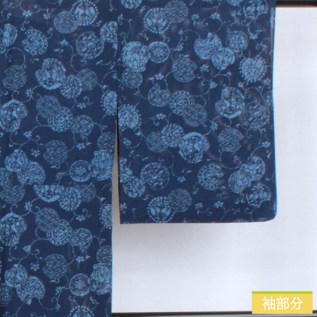 夏物 正絹 小紋 身丈163.5cm 裄丈63cm 紺色(こんいろ) 古典柄 型染 絽 Aランク 紺系 1132002713418