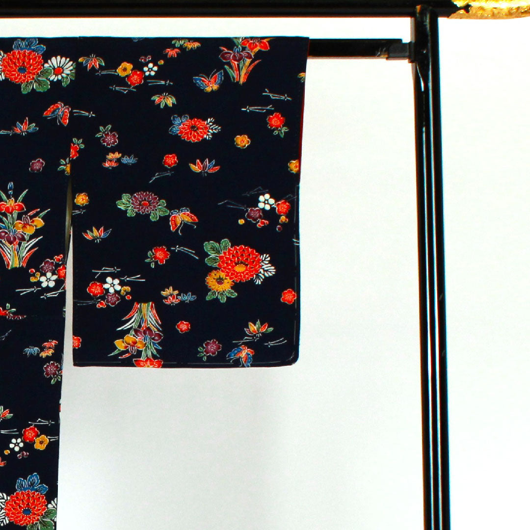 小紋 身丈154cm 裄丈66cm 袷 型染 松竹梅 花模様 正絹 Aランク 紺系 1115001213218